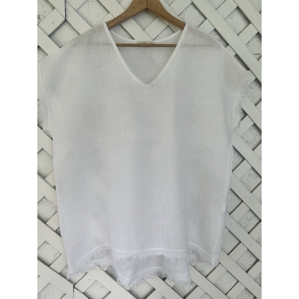 Camille & Co White Linen Tunic Top Frayed Hems Lagenlook Boho Coastal Italy L